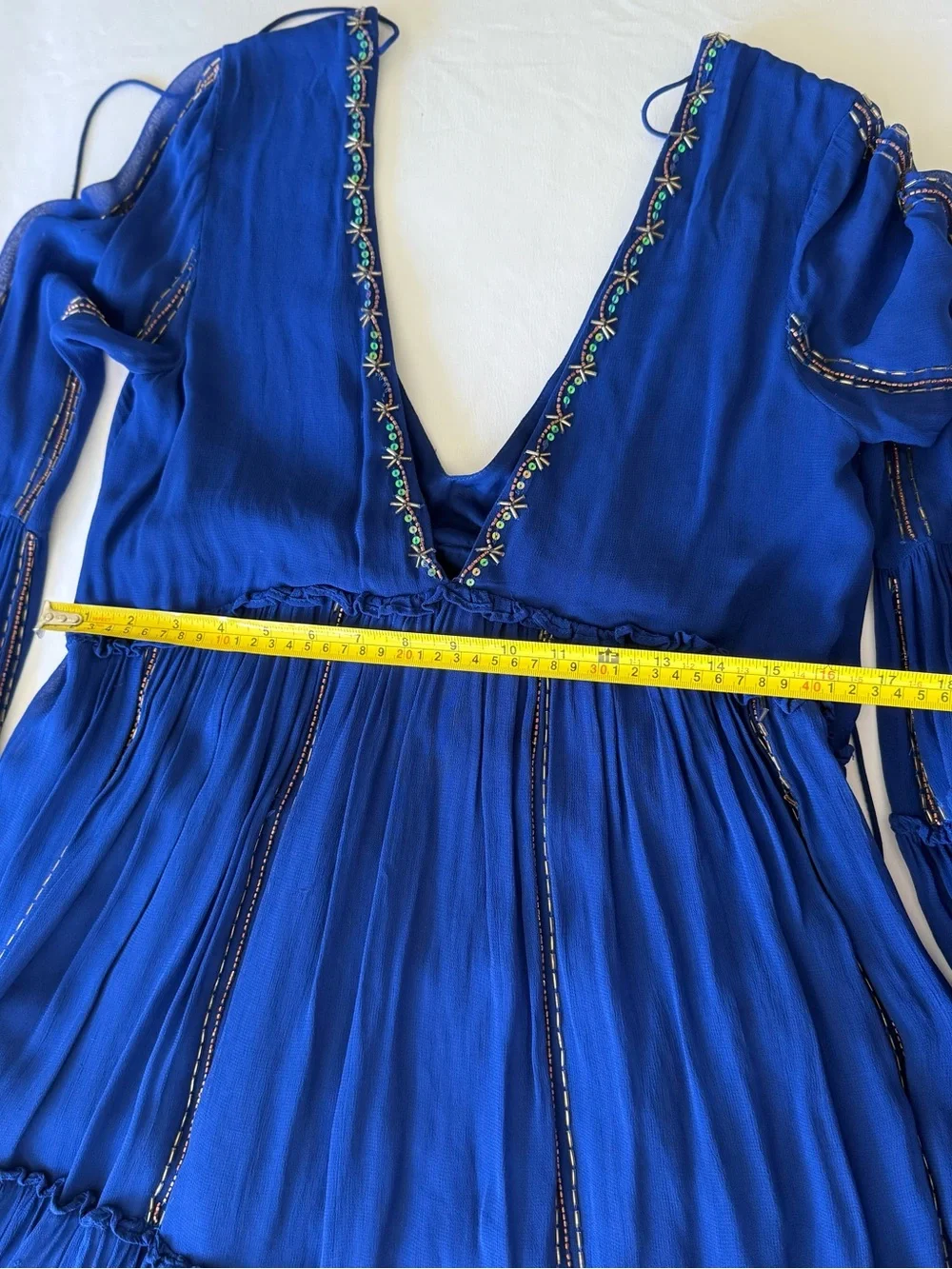 Free People Rare V-Neck Embroidered Mini Dress - Royal Blue XS